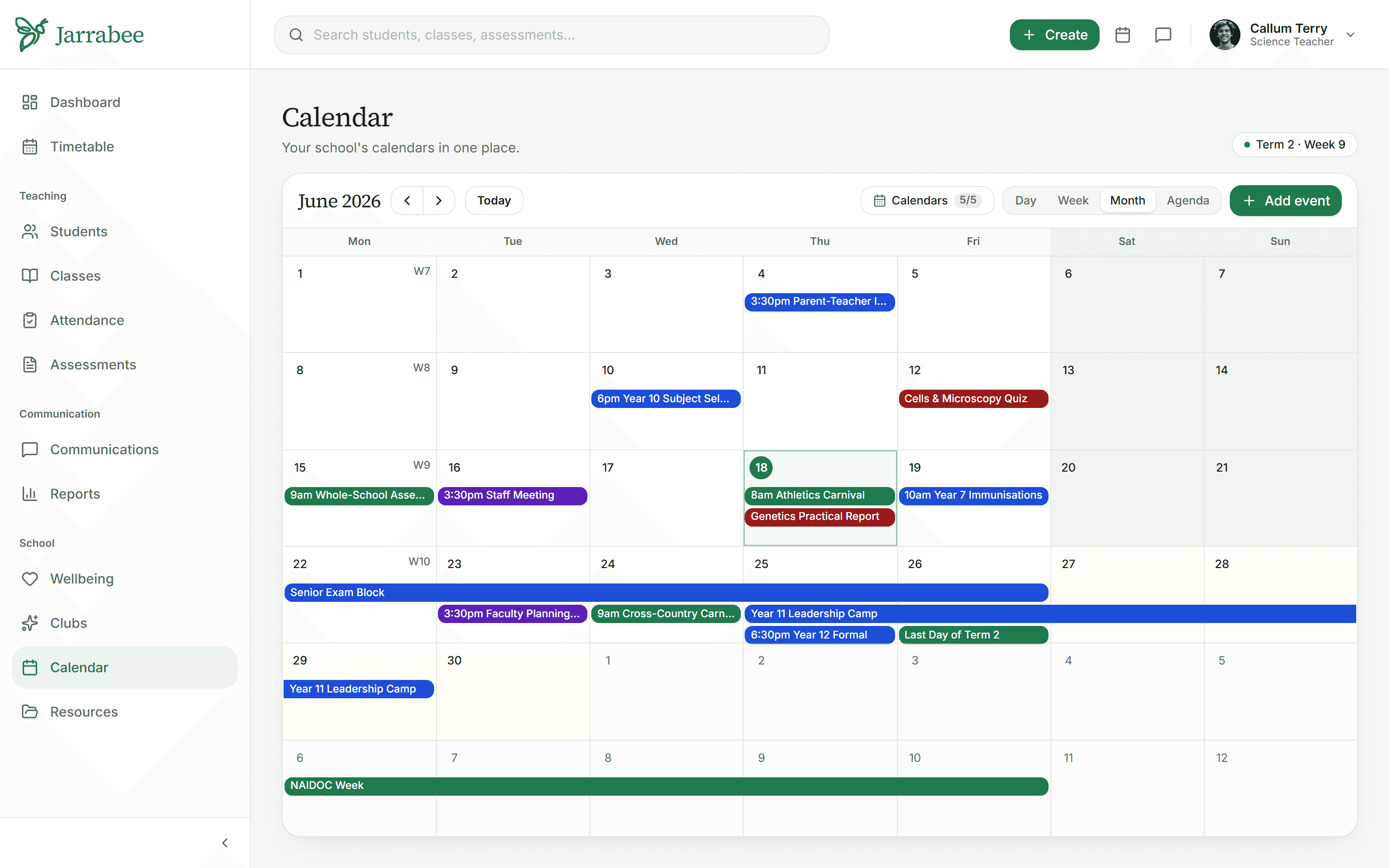 The Jarrabee calendar: a month view of one school’s assemblies, carnivals, exams and assessment due dates in one place.